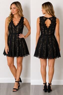 Heartloom Sera Black Nude Lace Fit & Flare Mini Dress Small Cutout Back